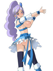 aono_miki areolae artist_request ass black_legwear blush breasts clothing cure_berry earrings female fresh_precure! hairband highres large_breasts legs long_hair looking_at_viewer magical_girl medium_breasts nipples no_bra no_panties precure pretty_cure purple_eyes purple_hair sideboob simple_background skirt smile solo standing stockings thighs white_background