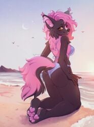 4_toes anthro ass beach big_butt bikini black_body black_claws black_fur black_nose blue_bikini blue_clothing blue_swimwear breasts butt_focus canid canine canis cepto_(artist) claws clothing day domestic_dog facial_piercing fangs feet female fur hair hi_res kneeling looking_at_viewer looking_back mammal medium_breasts moon multicolored_body multicolored_fur nose_piercing nose_ring outside pawpads piercing pink_body pink_fur pink_hair rear_view ring_piercing skindentation smile smirk solo swimwear teeth tied_bikini toes tongue two-piece_swimsuit two_tone_body two_tone_fur yellow_eyes
