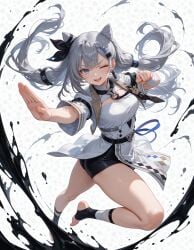 1girls ai_generated ass black_shorts blue_eyes blush feet female fist hololive hololive_indonesia hololive_indonesia_holoh3ro ink ink_splatter medium_breasts paint_splatter posing smile thick_thighs thighs toeless_legwear vestia_zeta virtual_youtuber white_dress white_hair