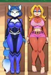 2girls ai_generated blank_stare blonde_hair blue_fur breasts candy_kong donkey_kong_(series) female furry furry_female krystal large_breasts lying star_fox