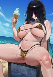 ai_generated areola_slip areolae_slip beach big_breasts bikini black_hair blush dripping ice_cream jagat_ai large_breasts leopard_print leopard_print_bikini long_hair looking_down melting outdoors pale_skin pubic_hair pubic_hair_peek ringu sadako_yamamura sitting solo solo_female television the_ring yamamura_sadako