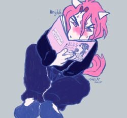 2025 andronicus_(teochronico) anthro blush bodily_fluids clothed clothing english_text equid equine female fully_clothed hair hair_between_eyes hi_res horse japanese_text long_hair looking_at_porn male mammal masturbating_under_clothing masturbation moan penile penile_masturbation pornography seal_(teochronico) sitting solo sweat sweatdrop tail teochronico text translation_request
