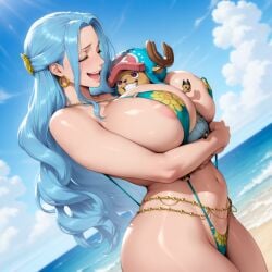 ai_generated beach bikini blue_hair blue_sky breasts female hug huge_breasts hugging large_breasts light-skinned_female long_hair male nefertari_vivi non-nude one_piece ps-ai sexually_suggestive sfw tony_tony_chopper