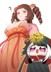 2girls 7d_nemuritai ? black_hair blush breast_envy breasts brown_eyes brown_hair bursting_breasts center_opening chibi chinese_clothes cleavage closed_mouth dress drill_hair female female_only jia_xichun_(limbus_company) large_breasts light_skin limbus_company long_hair looking_down necklace open_mouth pink_eyes project_moon streaked_hair tears tied_hair twin_drills twintails white_background xichun_creature xue_baochai