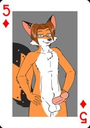 anthro canine card erection fox fur furry glasses looking_at_viewer male nude penis plain_background playing_card smsfoxx steve_(smsfoxx)