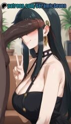 1boy 1boy1girls 1girls 2d ai ai_generated anime anime_style blush blush blush_lines cant_see_the_haters cleavage closed_mouth completely_naked completely_naked_male completely_nude completely_nude_male dark-skinned_male dark_hair earrings female imminent_fellatio imminent_oral interracial light-skinned_female light_skin long_hair male male/female milf naked nude peace_sign penis_covering_eyes penis_over_eyes red_eyes seramic_seven spy_x_family uncensored uncensored_penis v_sign yor_briar yor_forger