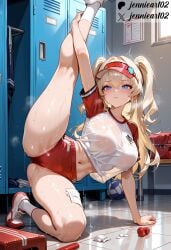 ai_generated arm_support arm_up backpack bag ball bandaid bangs baseball basketball blonde_hair blue_eyes blush breasts buruma cameltoe clay_(nikke) closed_mouth clothing female female female_only flexible footwear goddess_of_victory:_nikke gym gym_shirt gym_uniform hairband headwear indoors jennieart02 kneepits large_breasts leg_lift leg_up legwear locker long_hair looking_at_viewer midriff navel nipples no_bra original pantsu patreon patreon_logo patreon_username ponytail red_bag red_buruma red_footwear red_headwear see-through shirt shoes short_sleeves shorts sneakers socks solo split sports_uniform sportswear spread_legs standing standing_on_one_leg sweat thighs trembling twintails twitter twitter_username two_side_up underwear uniform visor_cap watermark wet wet_clothes wet_shirt white_footwear white_legwear white_shirt white_socks