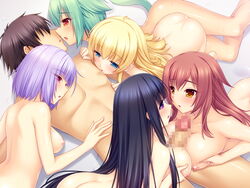 5girls areolae bed blonde_hair blue_eyes blue_hair blush breast_squeeze breasts brown_hair censored double_paizuri female game_cg green_hair harem highres hirayama_alice kete-chan large_breasts legs long_hair lying male midorikami_inaho miyasu_yumeko motosaka_maya multiple_females nagata_ryuusuke nipples nude paizuri penis pink_eyes purple_eyes purple_hair red_eyes root_harem! sayori short_hair straight thighs yellow_eyes