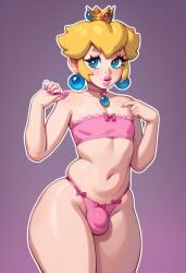 1boy 1femboy 2024 ai_generated alternate_version_available atatai blonde_hair bulge choker crossdressing crown earrings femboy feminine_male genderswap_(ftm) girly looking_at_viewer mario_(series) panties pink_top pink_topwear princess_peach rizdraws_(ai_style) rule_63 rule_63 simple_background solo standing strapless_top strapless_topwear thick_thighs thighs top topwear trap wide_hips