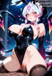 1boy ai_generated animal_ears animal_tail bangs bare_shoulders black_legwear black_leotard black_thighhighs blush bow bowtie breasts bunny_girl bunnysuit cleavage clothing clothing_aside covered_navel cowgirl_position cowgirl_position detached_collar earrings elbow_gloves erection evelynn fake_animal_ears female female full_moon gloves hair_between_eyes hair_bun hair_ornament heart highleg highleg_leotard indoors jennieart02 large_breasts league_of_legends legwear leotard leotard_aside male male_pubic_hair moon multicolored_hair navel neckwear night night_sky nipples on_top original parted_lips patreon patreon_logo patreon_username penis pink_bowtie pink_hair playboy_bunny ponytail pubic_hair pussy rabbit_ears rabbit_tail riot_games semen sex solo_focus spread_legs straddling straight strapless strapless_leotard sweat tail thick_thighs thighhighs thighs twitter twitter_username vagina vaginal_penetration watermark white_hair wrist_cuffs yellow_eyes