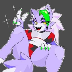 1girls animatronic anthro big_breasts bikini breasts dyed_hair ear_piercing ears female five_nights_at_freddy's five_nights_at_freddy's:_security_breach fnaf furry green_hair grey_body grey_fur long_hair looking_at_viewer open_mouth peace_sign purple_eyeshadow roxanne_wolf_(fnaf) ryuuuk1 seductive seductive_pose sharp_teeth solo tail thick_thighs two_tone_body two_tone_fur white_hair wolf wolf_girl yellow_eyes