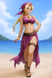 ai_assisted ai_generated arrogant attractive bandana beach belly belt bikini blonde_hair blue_eyes blue_sky bracelets chains clouds earrings female gina_benvesta gladiator_sandals golden_chain hand_on_hip kuutei_senki large_breasts long_hair navel necklace ocean olive_skin palm_tree pendant_necklace ponytail purple_clothing sand sarong seductive sexy skirt smile tan_skin tanned_skin tattoo thigh_strap thigh_straps tropical tropical_beach tsurime waist_length_hair walking walking_towards_viewer