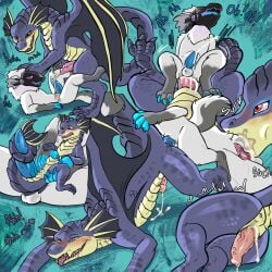 1:1 anal anal_sex anthro black_body black_fur blue_claws blue_penis bodily_fluids claws cloacal cloacal_penetration cloacal_penis dragon duo erection feral fur genital_fluids genitals hi_res machine male male/male mythological_creature mythological_scalie mythology penetration penis pink_penis prince-vulpine protogen scalie size_difference stomach_bulge urine watersports white_body white_fur