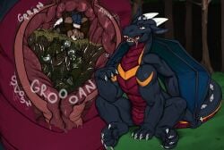 anthro bodily_fluids detailed_background digestion_noises dragon duo feral growling hi_res lagomorph leporid looking_pleasured male male/male mammal medieval_armor mythological_creature mythological_scalie mythology organs panpy_draws rabbit rumbling_stomach saliva scalie stomach stomach_acid swallowing unreliablesize vore x-ray_view