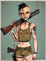 1futa absynth_(adventuresofabsynth) adventuresofabsynth ai_generated black_hair black_lipstick cigarette ear_piercing earrings female futanari goth goth_futa goth_girl green_eyes intersex light-skinned_female mohawk pale-skinned_female pencil petite pierced_ears piercings shotgun skinny slim tank_girl tattoos