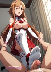 ai_generated brown_hair cum cum_on_feet denkianma exposed exposed_breasts exposed_nipples exposed_pussy feet feet_focus female female_focus female_on_top femdom foot_fetish foot_focus foot_worship footjob_with_legwear footwear_only hi_res nude nude_female open_clothes rippics small_penis standing_on_one_leg stomping sword_art_online toes white_body yuuki_asuna