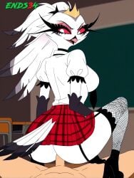 2025 ass big_breasts cowgirl_position ends34 female female_focus furry_female helluva_boss milf mother school_uniform sex sex_from_behind skirt stella_(helluva_boss) stockings