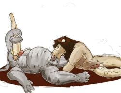 2010 anthro anthro_pred balls belly big_belly brown_mane closed_eyes colored elephant elephantid erection felid fur genitals grey_body grey_skin group head_first human human_prey humanoid_genitalia humanoid_penis jeri_kleinlowe lion lying male male/male mammal mane nipples nude_anthro nude_pred nude_prey on_back open_mouth oral oral_penetration oral_vore pantherine partially_inside penetration penis proboscidean proboscis_(anatomy) simple_background spread_legs spreading tan_body tan_fur tongue trio trunk_(anatomy) tusks vore white_background