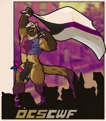 absurd_res accessory anthro armpit_hair big_penis bisexual_pride_colors blonde_hair blurred_background body_hair border brown_body brown_fur closed_eyes clothed clothing cock_ring crowd demisexual_pride_colors facial_hair fishnet_clothing fishnet_topwear flag flag_(object) footwear foreskin fur genitals group gulonine hair hi_res jewelry kerchief lgbt_pride lgbt_pride_month male mammal marten muscular muscular_anthro muscular_male mustelid musteline orange_border outcast-stars partially_clothed paw_shoes penis penis_accessory penis_jewelry pine_marten pride_colors pride_parade silhouette smile solo tail topwear uncircumcised vein veiny_penis weyland_here