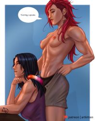 2girls arcane artkitt-creations caitlyn_kiramman clothed_female female imminent_sex league_of_legends lesbian_pride_colors pride_color_clothing sex_toy strap-on suggestive tagme topless_female vi yuri