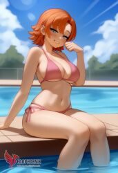 1girls 2d ai_generated ass big_ass bikini breasts cleavage erophoenix female female_focus full_body large_breasts looking_at_viewer nora_valkyrie orange_hair patreon_username pool rwby short_hair side-tie_bikini solo solo_female swimsuit thick thick_thighs uncensored