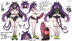 absurdres ahoge animal_ears ass bar_censor bell breasts bulge cat_ears cat_girl cat_tail censored character_name collar commentary_request emoji english_text female full_body futanari hair_over_one_eye heart highres huge_breasts huge_cock huge_testicles kamokotan_love long_sleeves looking_at_viewer multiple_tails multiple_views navel neck_bell open_mouth original penis purple_hair short_shorts shorts simple_background skindentation soda spiked_collar spikes tail teeth testicles thighhighs tongue tongue_out twintails twitter_username veins veiny_penis white_background yellow_eyes