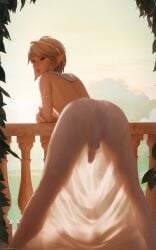 1boy 3d absurdres against_railing ass back backlighting balcony balls bare_back bent_over blonde_hair blue_eyes crossdressing earrings femboy from_behind fugtrup highres jewelry leaning_forward link link_(breath_of_the_wild) link_(tears_of_the_kingdom) looking_at_viewer looking_back male male_focus male_only multiple_earrings nintendo no_panties parted_lips penis pointy_ears railing see-through short_hair sidelocks silhouette simple_background smile solo spread_legs testicles the_legend_of_zelda thighs translucent_clothing uncensored