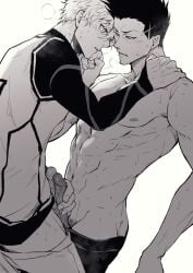 2boys blue_lock blue_lock_bodysuit blush chuma_a_a clothes_pull erection fingernails frottage greyscale hand_on_another's_shoulder highres looking_at_another male_focus male_masturbation male_pubic_hair masturbation monochrome multiple_boys muscular muscular_male mutual_masturbation pants pants_pull penis penises_touching pubic_hair puff_of_air short_hair simple_background soccer_uniform sportswear sweat topless_male white_background yaoi