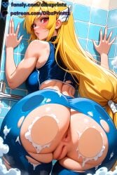 1girls against_glass ai ai_assisted ai_generated anime anus artist_name ass ass_focus astraea_(sora_no_otoshimono) bare_shoulders bathroom blonde_hair blue_pants blue_sports_bra blush breasts dibzprintz english_text fansly female from_behind hair_ornament hi_res high_quality high_resolution highres huge_ass large_breasts long_hair looking_at_viewer looking_back low-tied_long_hair pants parted_lips patreon_username puckered_anus pussy red_eyes soap_bubbles solo sora_no_otoshimono sports_bra tile_wall tiles torn_clothes torn_pants uncensored very_long_hair watermark
