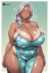 ai_generated bare_thighs bbw chubby_female closed_eyes gigantic_breasts green_dress grey_hair huge_breasts huge_thighs long_hair massive_breasts mature_female milf oiled_body oiled_skin original smiling solo_female squatting sweat sweatdrop tan-skinned_female tan_body tanline tanned_female tanned_skin thick_body thick_female thick_thighs thighs voluptuous voluptuous_female yashugai