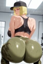 1girls ai_generated ass ass_focus ass_up back_view bangs baseball_cap big_breasts blonde_hair blue_eyes blunt_bangs bob_cut breasts breasts_bigger_than_head breath breath_cloud breathing camouflage camouflage_pants chorizai dumptruck_ass dumptruck_butt female female_only fitness gym gym_clothes gym_clothing gym_uniform hat huge_ass huge_breasts kunoichi large_breasts light-skinned_female light_skin looking_at_viewer male massive_breasts naruto naruto_(series) naruto_shippuden ninja rear_view samui sfw short_hair sports_bra sportswear squat squatting sweat sweaty tank_top thick_ass thick_thighs tight_clothing tight_pants training visible_pussy yoga_pants