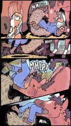 absurd_res anthro ash_(ashtailfox) beady_eyes biped black_eyes black_hair bodily_fluids brown_body brown_fur canid canine clothing colbycat comic drooling duo equid equine feral fox fur grey_body grey_fur hair hay head_in_mouth hi_res horse inside_throat internal male mammal oral_vore orange_body orange_fur overalls overalls_only pawpads peril pink_pawpads quadruped saliva vore white_body white_fur