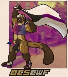 absurd_res accessory anthro armpit_hair big_penis bisexual_pride_colors blonde_hair blurred_background body_hair border closed_eyes clothed clothing cock_ring demisexual_pride_colors facial_hair fishnet_clothing fishnet_topwear flag flag_(object) footwear foreskin fur genitals gulonine hair hi_res jewelry kerchief lgbt_pride lgbt_pride_month male mammal marten muscular muscular_anthro muscular_male mustelid musteline orange_border outcast-stars partially_clothed paw_shoes penis penis_accessory penis_jewelry pine_marten pride_colors pride_parade smile solo tail topwear uncircumcised vein veiny_penis weyland_here