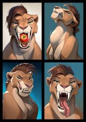 ai_generated amani_the_shaman apple apple_(fruit) apple_in_mouth black_lips blue_eyes clenching_teeth drool fangs feline female head_tilt licking_lips licking_own_lips looking_at_viewer maw_shot mawshot mohawk_(hairstyle) mouth_shot, naughty neck:bulge, open_maw open_mouth saberteeth sabertooth saliva smirking_at_viewer swallowing, swallowing_whole teeth throat_bulge tongue_out tongue_sticking_out white_teeth