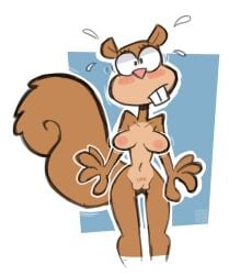 2025 absurd_res anthro astrovert blush bodily_fluids breasts brown_body brown_fur buckteeth female fur genitals hi_res mammal nervous nervous_sweat nickelodeon nipples nude nude_female pink_nipples pussy rodent sandy_cheeks sciurid shocked spongebob_squarepants sweat teeth tree_squirrel vulva