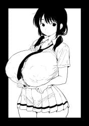 1girls breasts facing_viewer gigantic_breasts greyscale looking_at_viewer monochrome nipple_bulge nyogiku school_uniform skirt solo standing