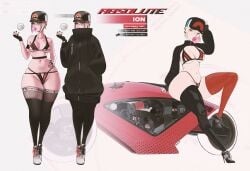 1girls big_ass bike biker_girl biker_jacket bikini blowing_bubblegum bubble_gum distant_tracks hand_on_hips hi_res ion_(thekite) leaning_on_object original_character pokeball thekite thick_thighs thighhighs thighs wide_hips