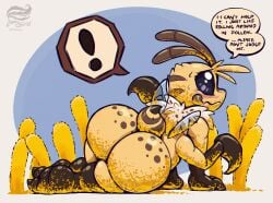 4_arms antennae_(anatomy) anthro arthropod bee blush bodily_fluids caught_off_guard compound_eyes dialogue embarrassed english_text hi_res honey_bee hymenopteran insects jammerhighwind male mandibles multi_arm multi_limb nude pollen solo speech_bubble sweat text wexley_(jammerhighwind)