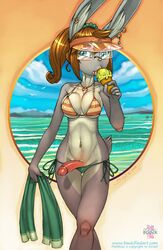 2012 anthro beach bikini blue_eyes blue_sky bonk breasts brown_hair dickgirl ear_piercing erection eyewear front_view fur furry glasses grey_fur hair humanoid_penis ice_cream intersex lagomorph looking_at_viewer matthias navel_piercing penis piercing pink_lips pinup rabbit seaside sky standing sucking summer tongue water