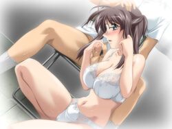 binetsu_kyoushi_cherry blinking blush bra breasts brown_hair collarbone female glasses hand_on_head hise_chirei huge_breasts large_breasts lingerie long_hair panties penis uncensored underwear yamane_masahiro zyx