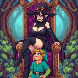 1boy1girl blonde_hair breasts dark_hair dominant dominant_female domination femdom goth goth_girl huge_breasts legwear link pantyhose pixel pixel_art shoes sitting smile smiling submissive submissive_male thick_thighs thighs witch witch_hat