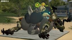 1_eye 2_eyes 3d beach bigger_male black_body blue_eyes bt-7274 buttjob centaur crossover female glowing_nipples grabbing_ass grabbing_own_ass horny_female josh-u4 male mecha missile_launcher omnic orisa overwatch penis_between_ass robot smaller_female source_filmmaker suprised titanfall yellow_eyes yoga_mat