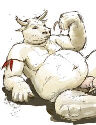 2010 after_orgasm anthro anthro_pred balls belly bodily_fluids bovid bovine cattle colored cum cum_on_penis erection genital_fluids genitals hi_res horn jeri_kleinlowe male mammal musclegut muscular navel nipples nude nude_male nude_pred penis saliva simple_background smile solo spread_legs spreading vore white_background white_body willing_pred