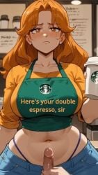 ai_assisted ai_generated animated annoyed annoyed_expression annoyed_face barista belly belly_button belly_button_penetration bodyshot broad_hips brown_eyes clothed_female coffee coffee_cup coffee_shop cum_in_navel cum_on_belly curves dialogue dirty_talk green_apron midriff midriff_baring_shirt midriff_focus midriff_peek midriff_showing navel_fetish navel_penetration navel_poke orange_hair orange_sweater ordering pov pov_eye_contact starbucks