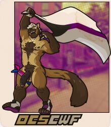 absurd_res accessory anthro armpit_hair big_penis bisexual_pride_colors blonde_hair body_hair border brown_body brown_fur closed_eyes clothing cock_ring demisexual_pride_colors facial_hair flag flag_(object) footwear footwear_only foreskin fur genitals gulonine hair hi_res jewelry kerchief lgbt_pride lgbt_pride_month male mammal marten mostly_nude muscular muscular_anthro muscular_male mustelid musteline orange_border outcast-stars paw_shoes penis penis_accessory penis_jewelry pine_marten pride_colors pride_parade shoes shoes_only smile solo tail topwear uncircumcised vein veiny_penis weyland_here
