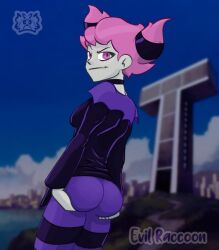 ass bodysuit breasts choker female from_behind horns pink_hair short_hair solo
