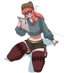 beanie belt black_skirt breasts brown_headwear clothing cosmica_(nuclearwasabi) crop_top cropped_sweater cupperexe cupperunchained english_text eyewear female female footwear freckles glasses hat headwear holding holding_object holding_paper kneeling legwear long_hair long_sleeves looking_at_viewer midriff navel paper red-framed_eyewear red_hair sharp_teeth shirt shoes shorts skirt smile solo sweater thick_eyebrows thighhighs zettai_ryouiki
