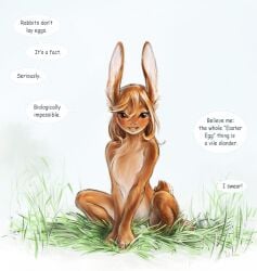 12-tf 2019 all_fours anthro barely_visible_vulva biped blush brown_body brown_eyes brown_fur brown_hair colored countershade_fur countershading crouching easter easter_egg egg egg_from_vagina english_text female female_anthro front_view fur grass hair handpaw holidays lagomorph leporid looking_at_viewer mammal nesting non_oviparous_oviposition nude nude_anthro nude_female oviposition paws plant rabbit scut_tail semi-anthro short_tail simple_background sitting sitting_on_ground smile solo speech_bubble spread_legs spreading tail text white_body white_countershading white_inner_ear wide_crotch