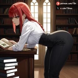 ai ai_generated bending_over chainsaw_man clothed clothing hourglass_figure makima_(chainsaw_man) narrow_waist red_hair t8r thick_thighs wide_hips