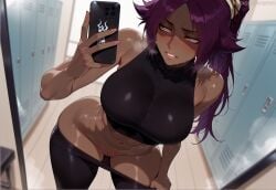 ai_generated big_ass big_breasts bleach dark-skinned_female huge_ass huge_breasts mirror mirror_image nude_female phone purple_eyes selfie selfie_pose sexy sexy_smile shihouin_yoruichi